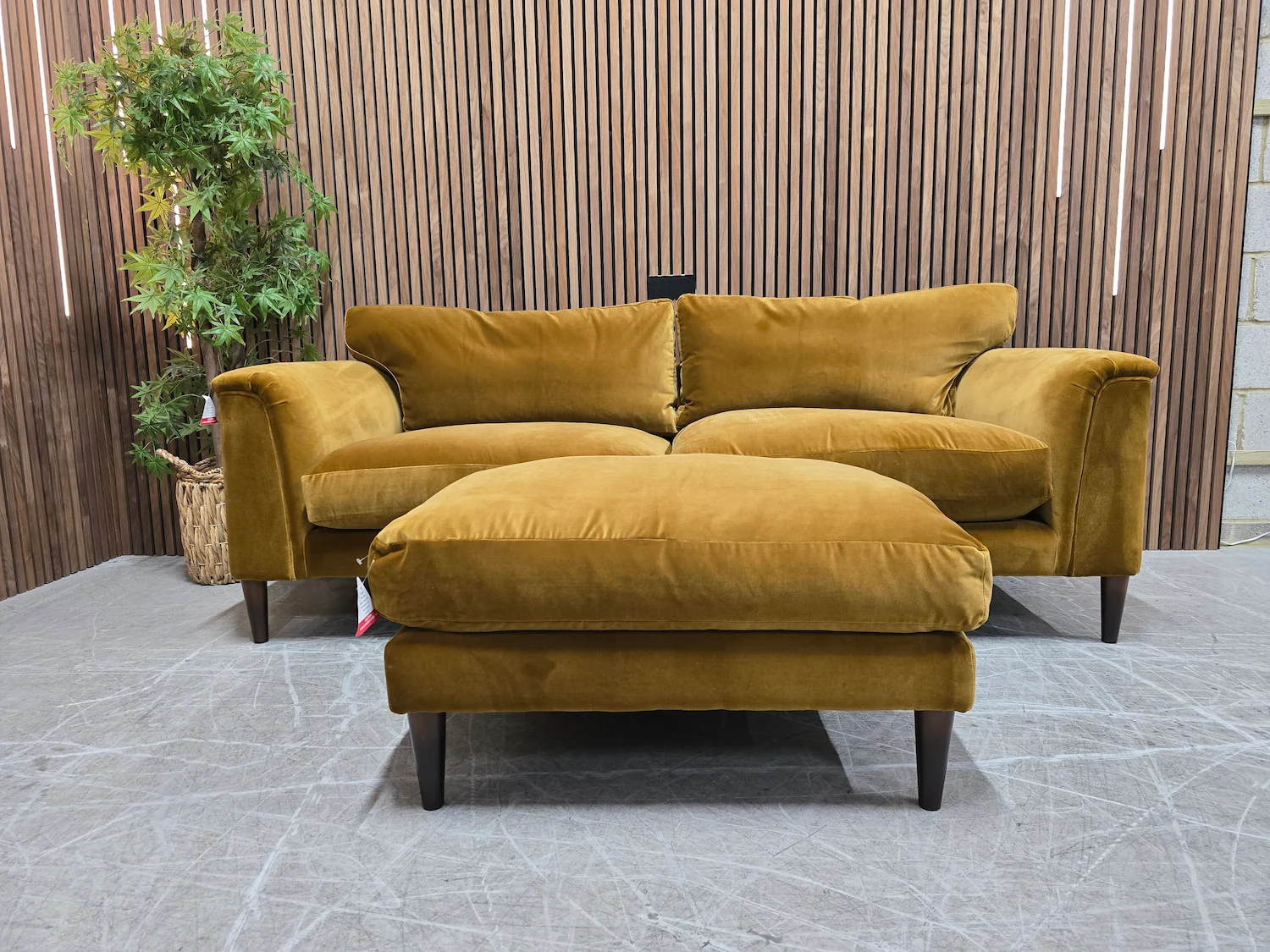 soho reya 3 seater sofa and footstool in mustard cotton velvet