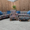 Serpentine chesterfield 2 seater, 3 seater, armchair and footstool in blue pattern