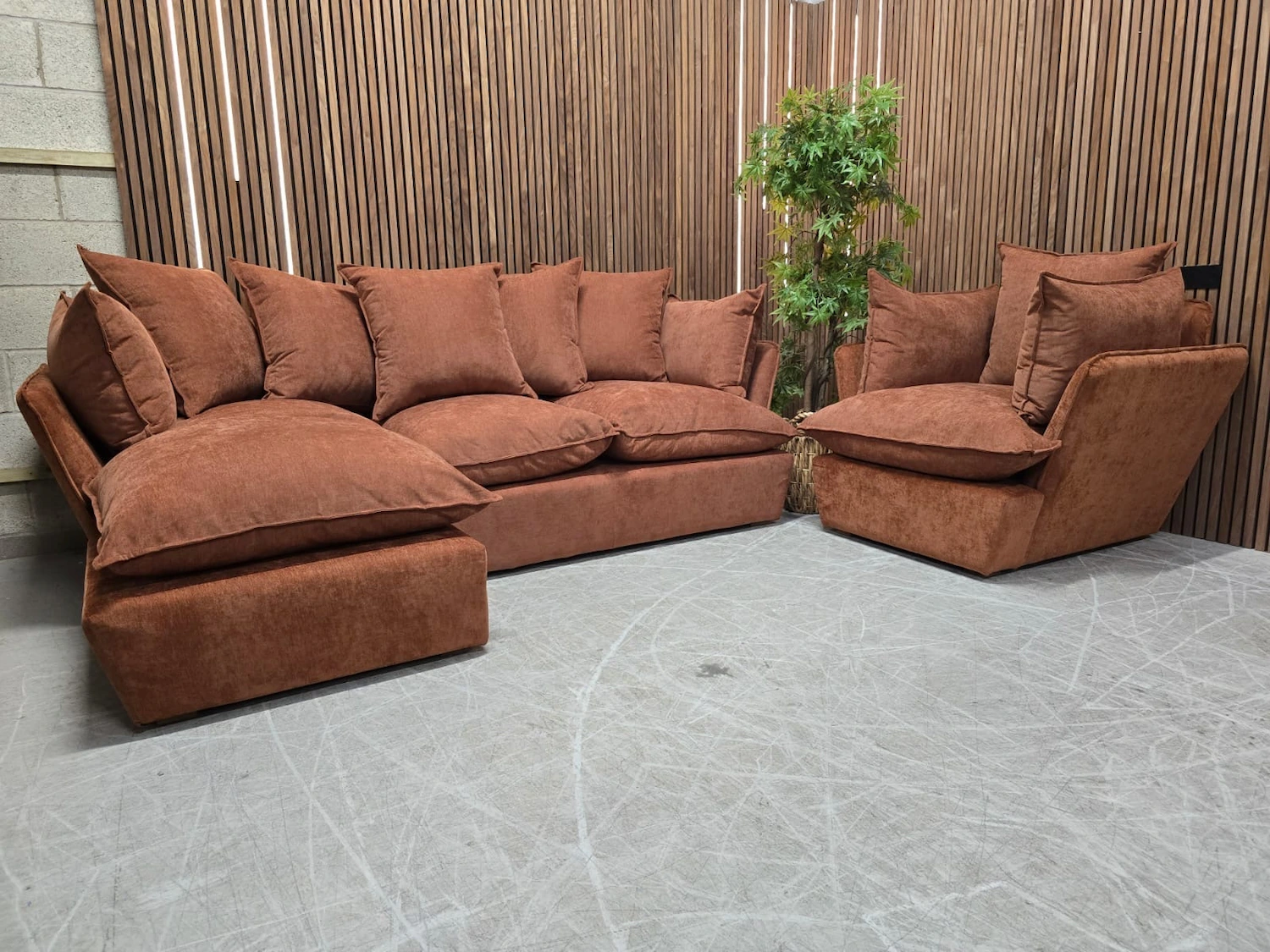 malibu left hand facing chaise sofa and armchair in koi house soft touch