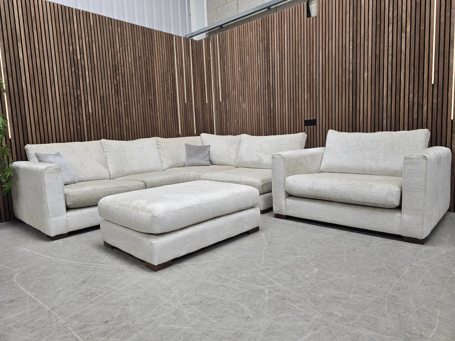 sofology majestica corner sofa, loveseat and footstool in oyster chenille