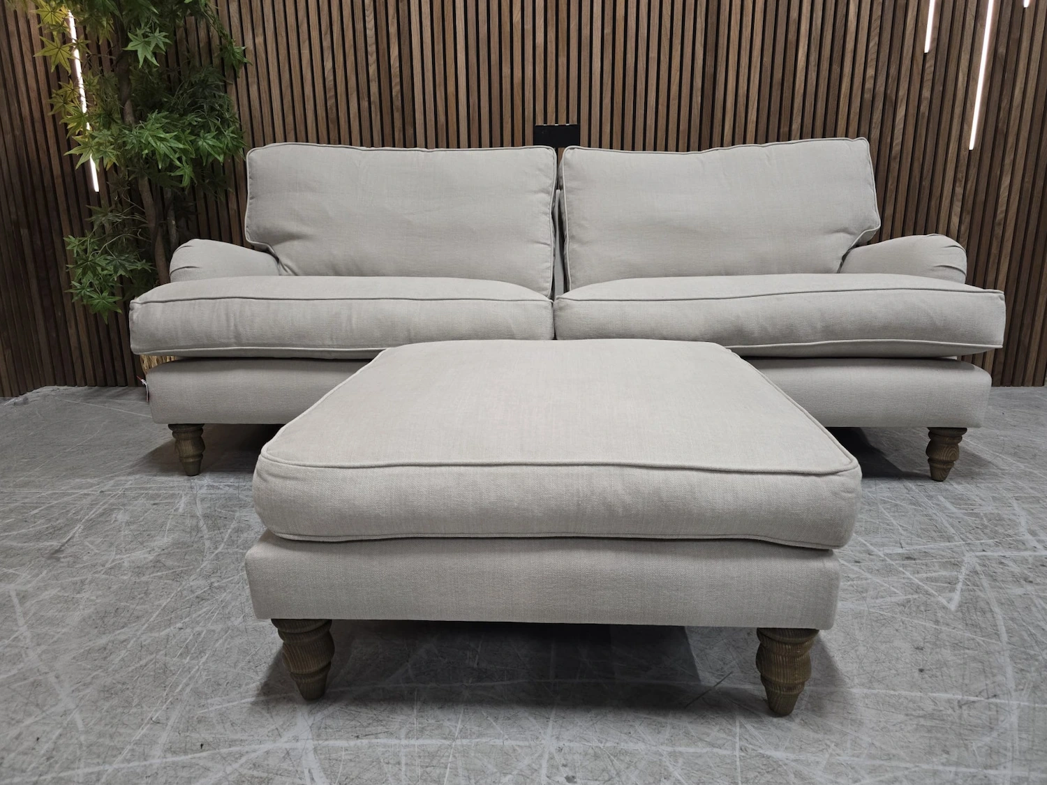 bluebell 3 seater and footstool in taupe brushed linen cotton