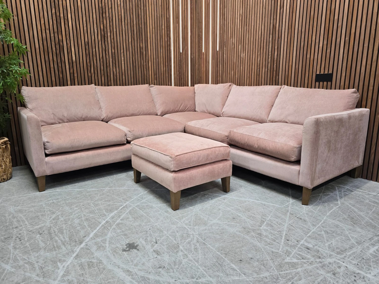 izzy equal sided corner sofa and footstool in pavilion brushtroke