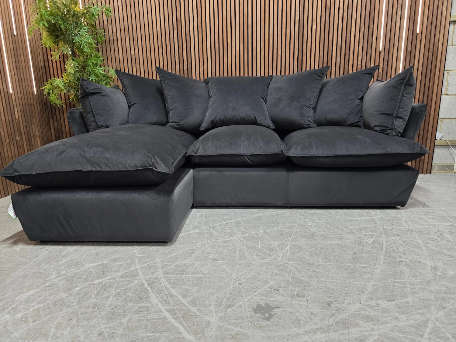 front picture of malibu chaise sofa in slate velvet