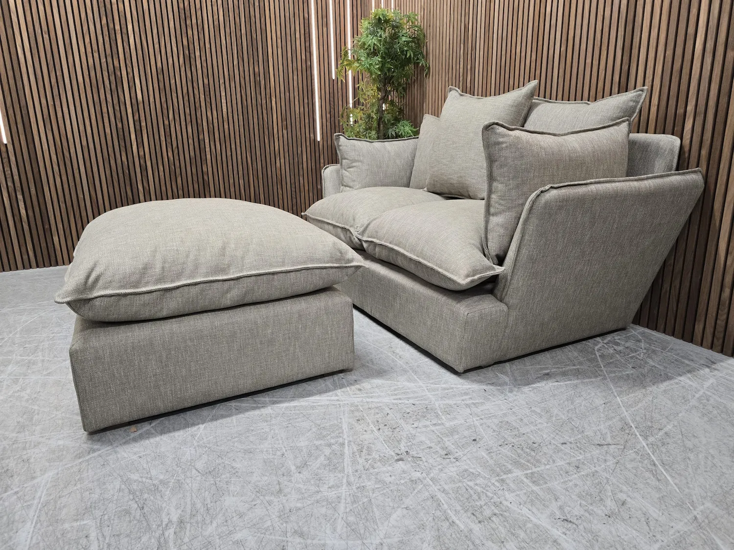 Side profile of Malibu 2.5 seater sofa & Footstool in greige