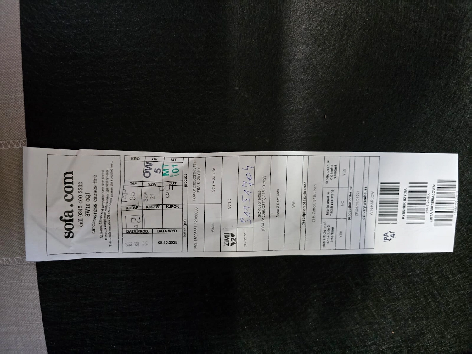 image of the tag on the 2 seater aissa in stone