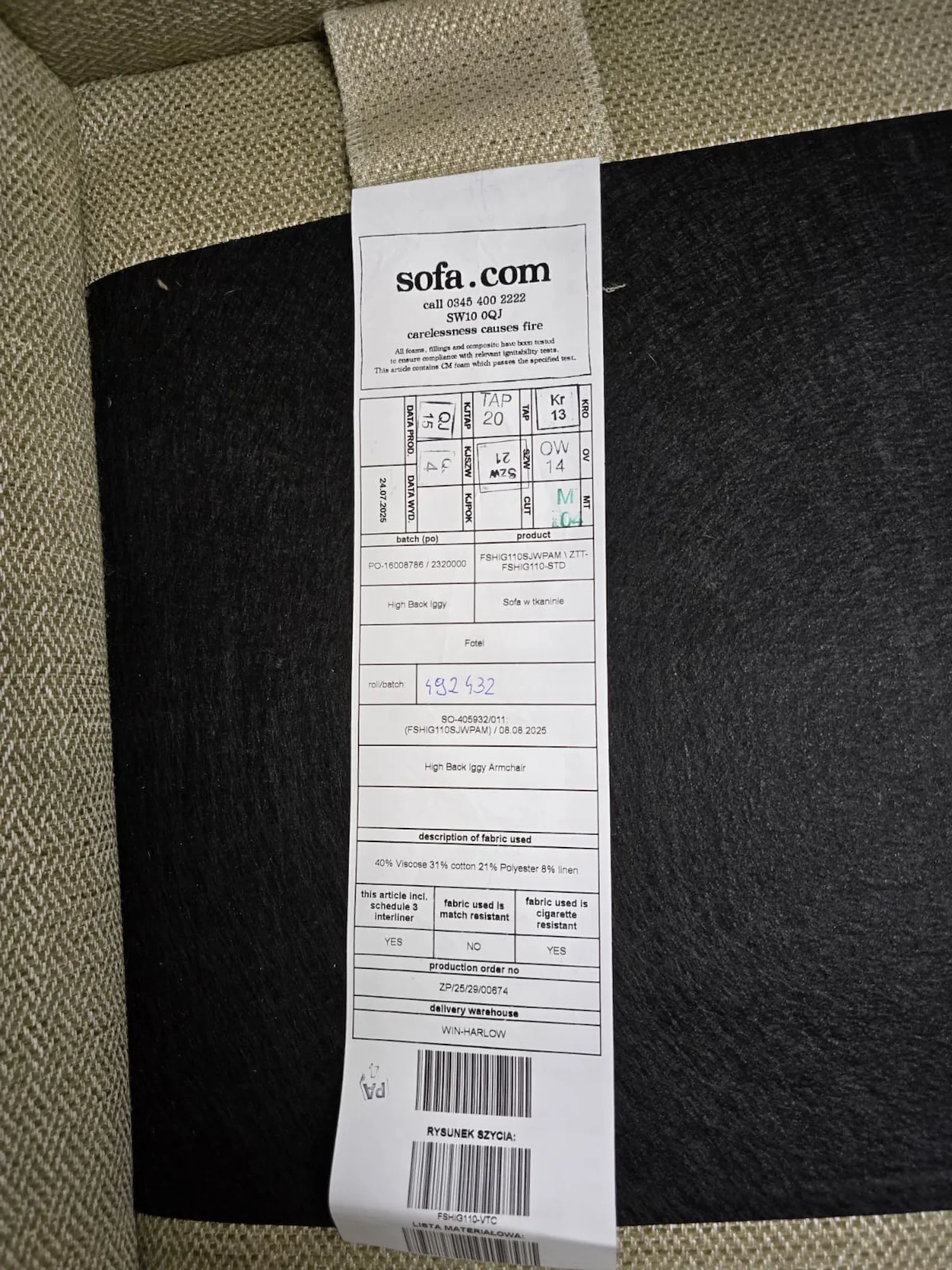 photo of the tag on the iggy armchair