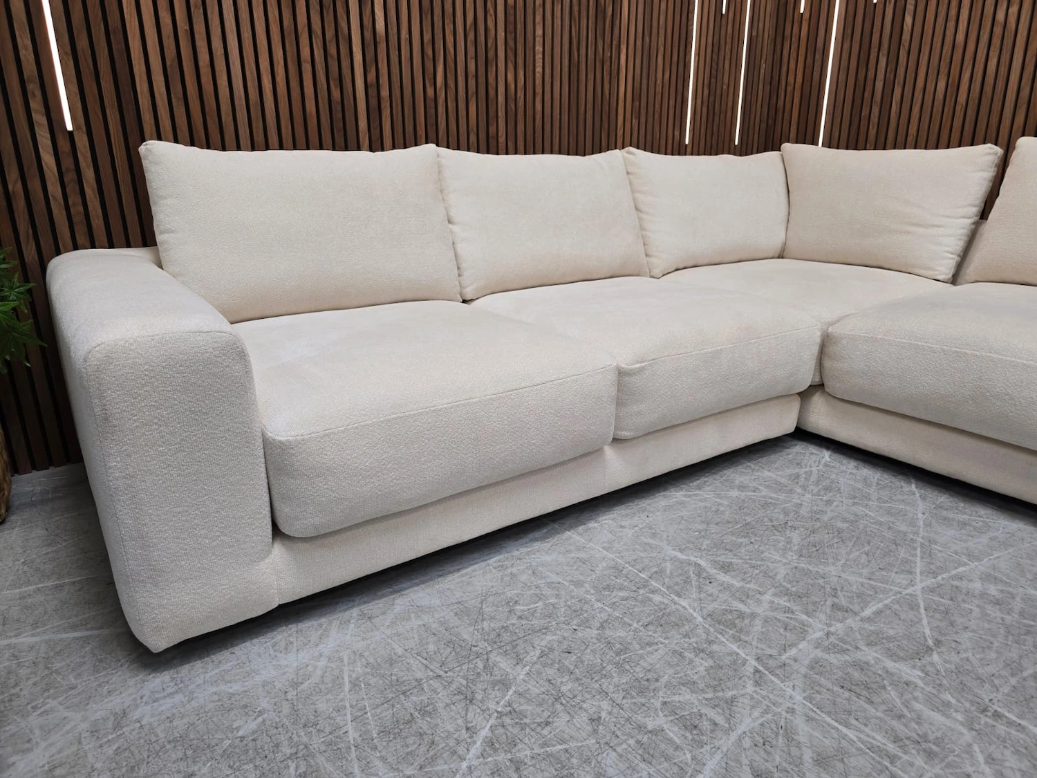 Left hand picture Large Corner Sofa & Glass Coffee Table In White Cosy Fabric