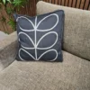 overhead zoomed in of black patterned cushion Orla kiely Larch chair