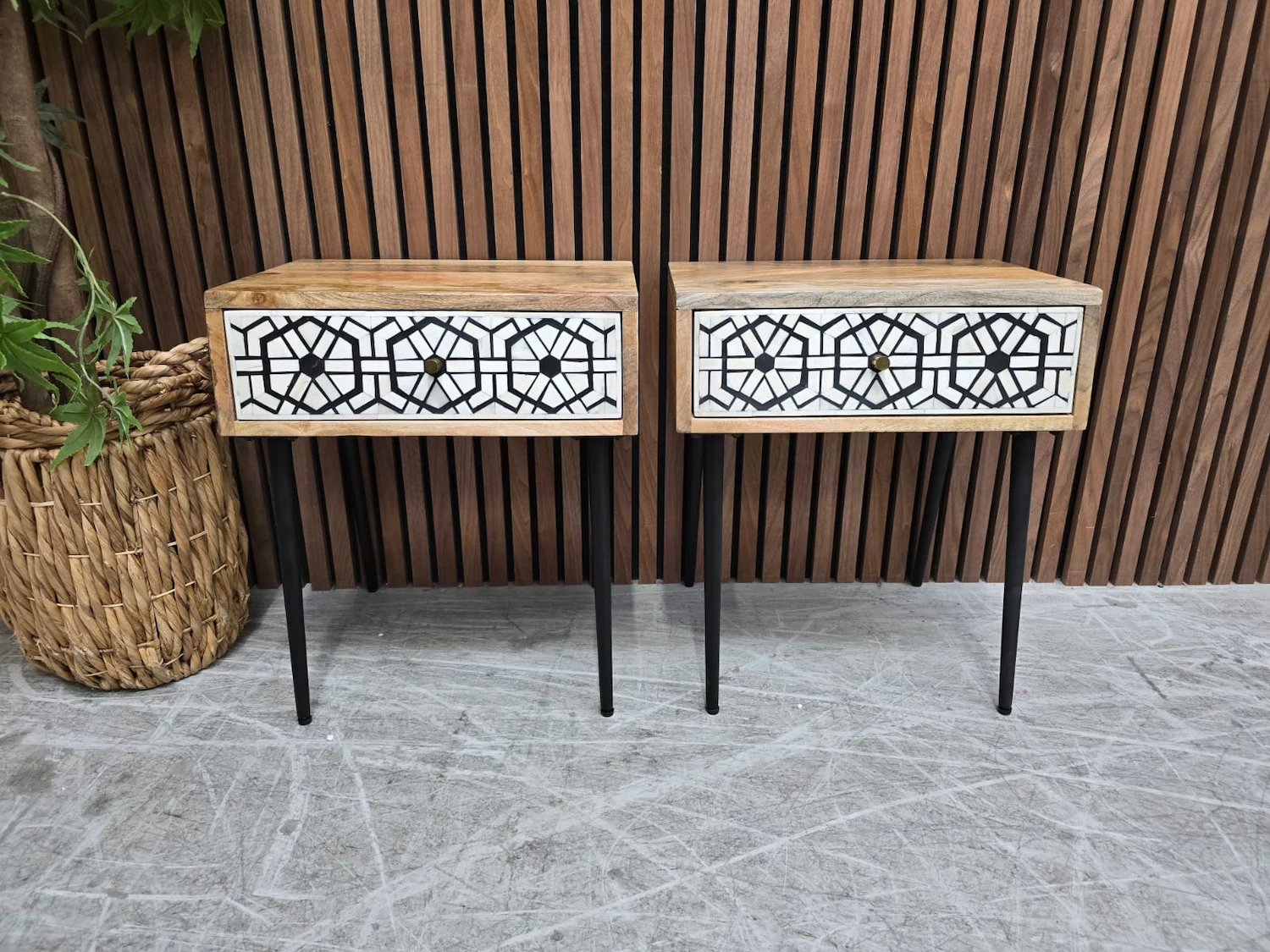 set of two mango wood and bone inlay with abstract design bedside tables