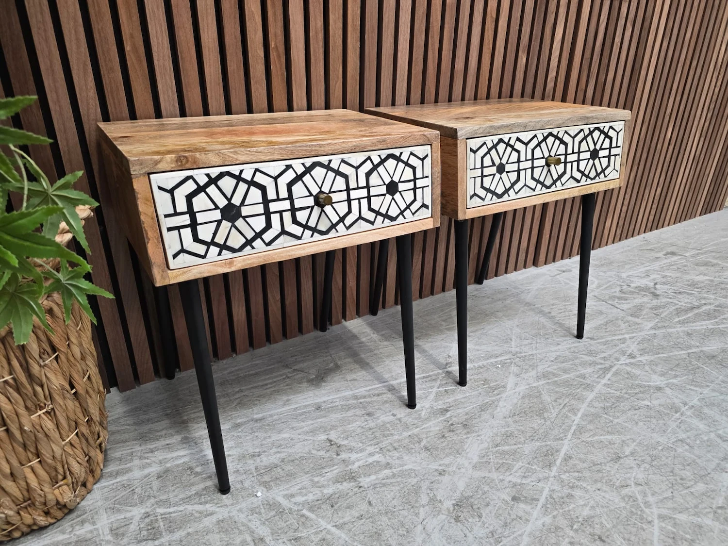 set of two mango wood and bone inlay drawer fronts