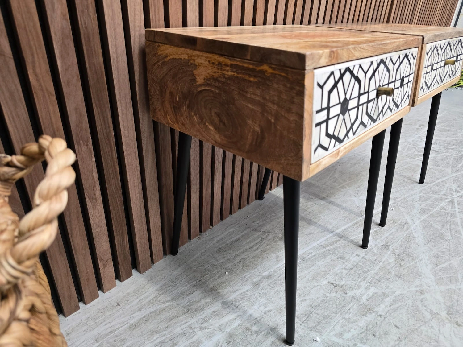 side of the bedsides showing the mango wood