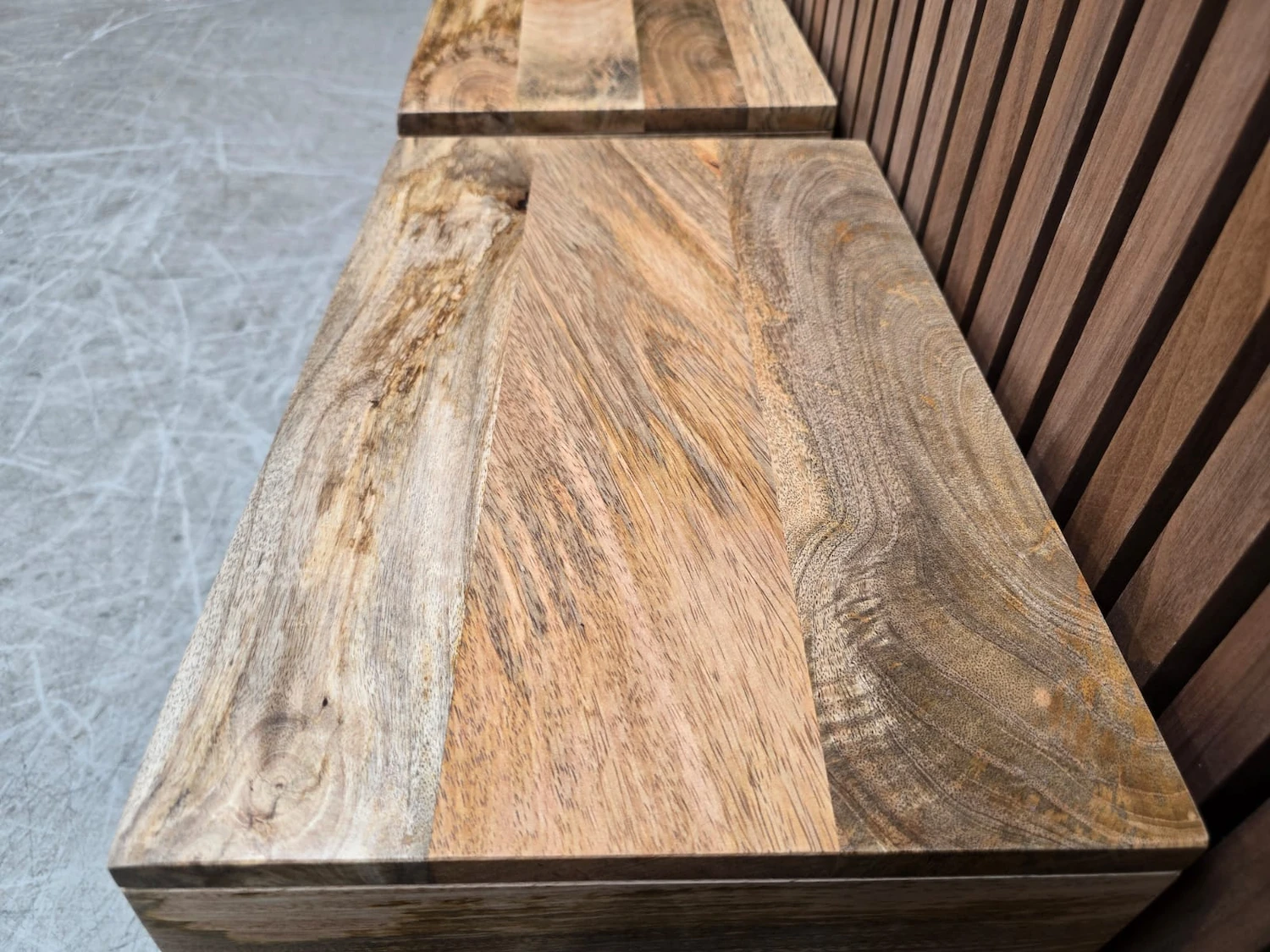 top of the bedside showing the light mango wooden grain