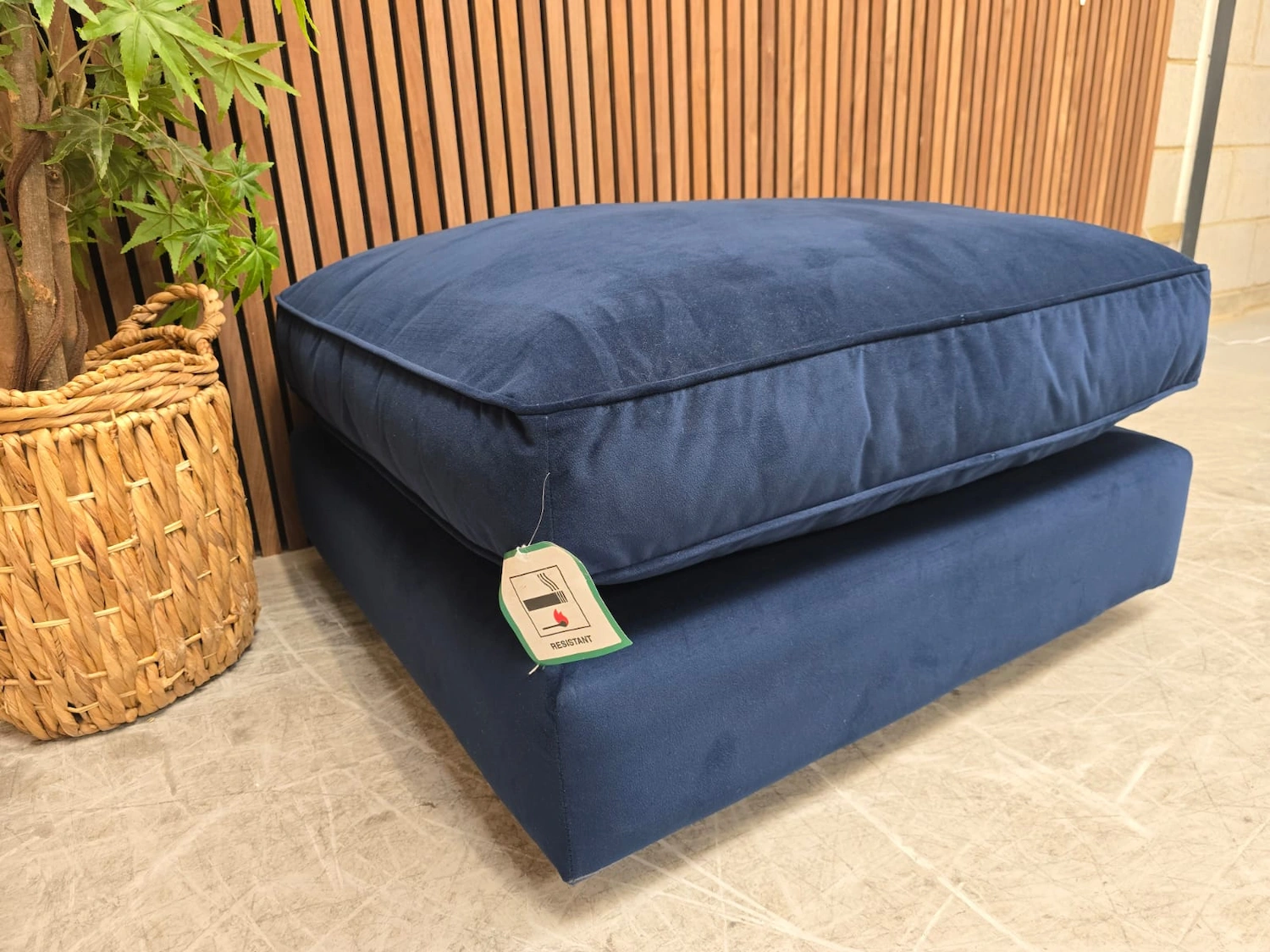 Harrington combi footstool in indigo blue velvet from the right side