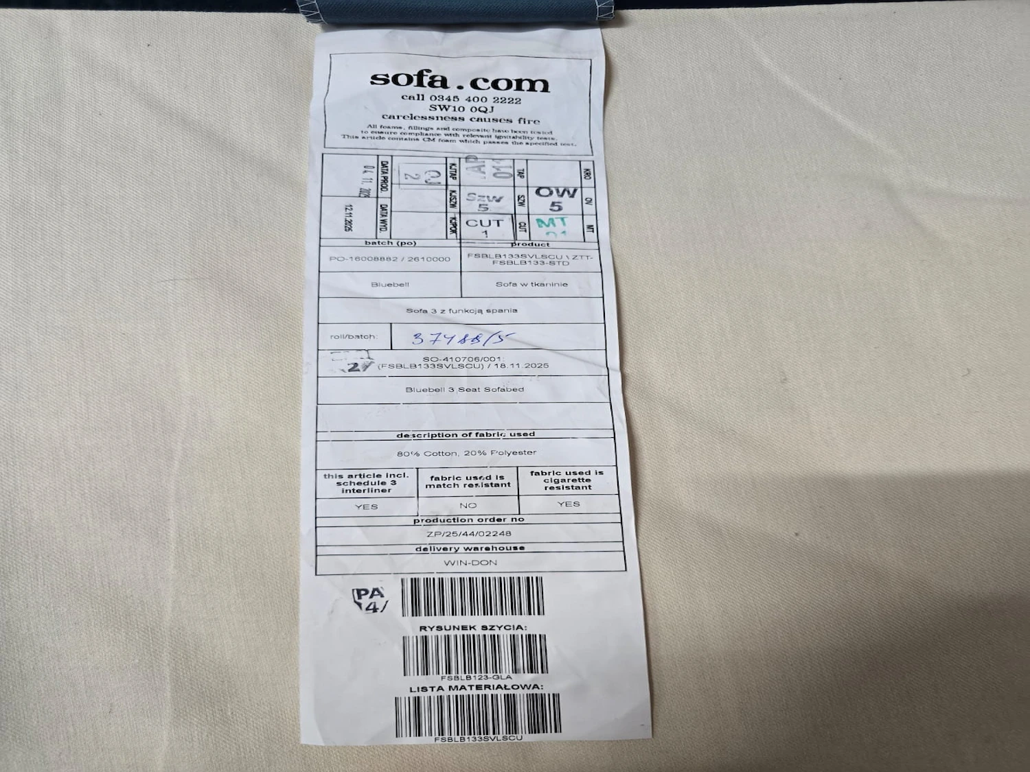 Bluebell 3 Seater Sofa Bed In Scuba Product Label