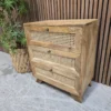 picture from the right of the mango wood and rattan 3 drawer bedside
