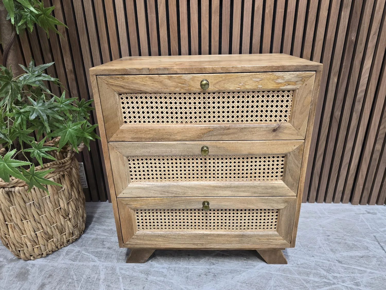boho rattan and mango wood 3 drawer bedside cabinet
