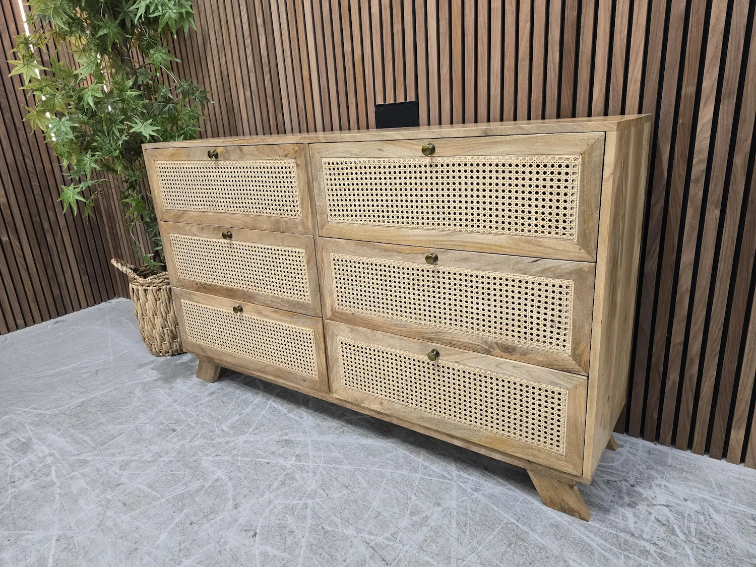 right side picture of the 6 drawer mango wood & rattan chest