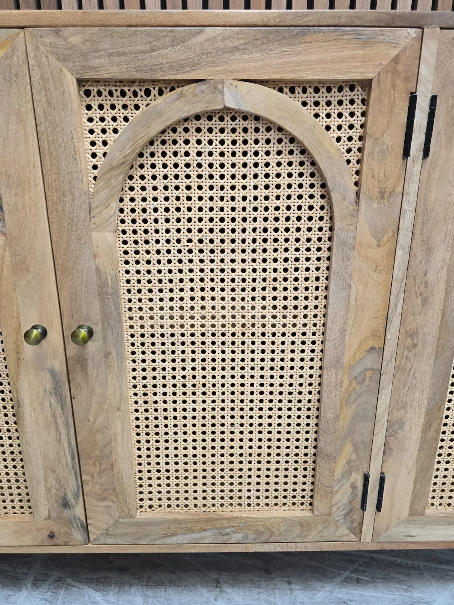 Boho large Rattan sideboard 6 showing the rattan arched door way on the sideboard