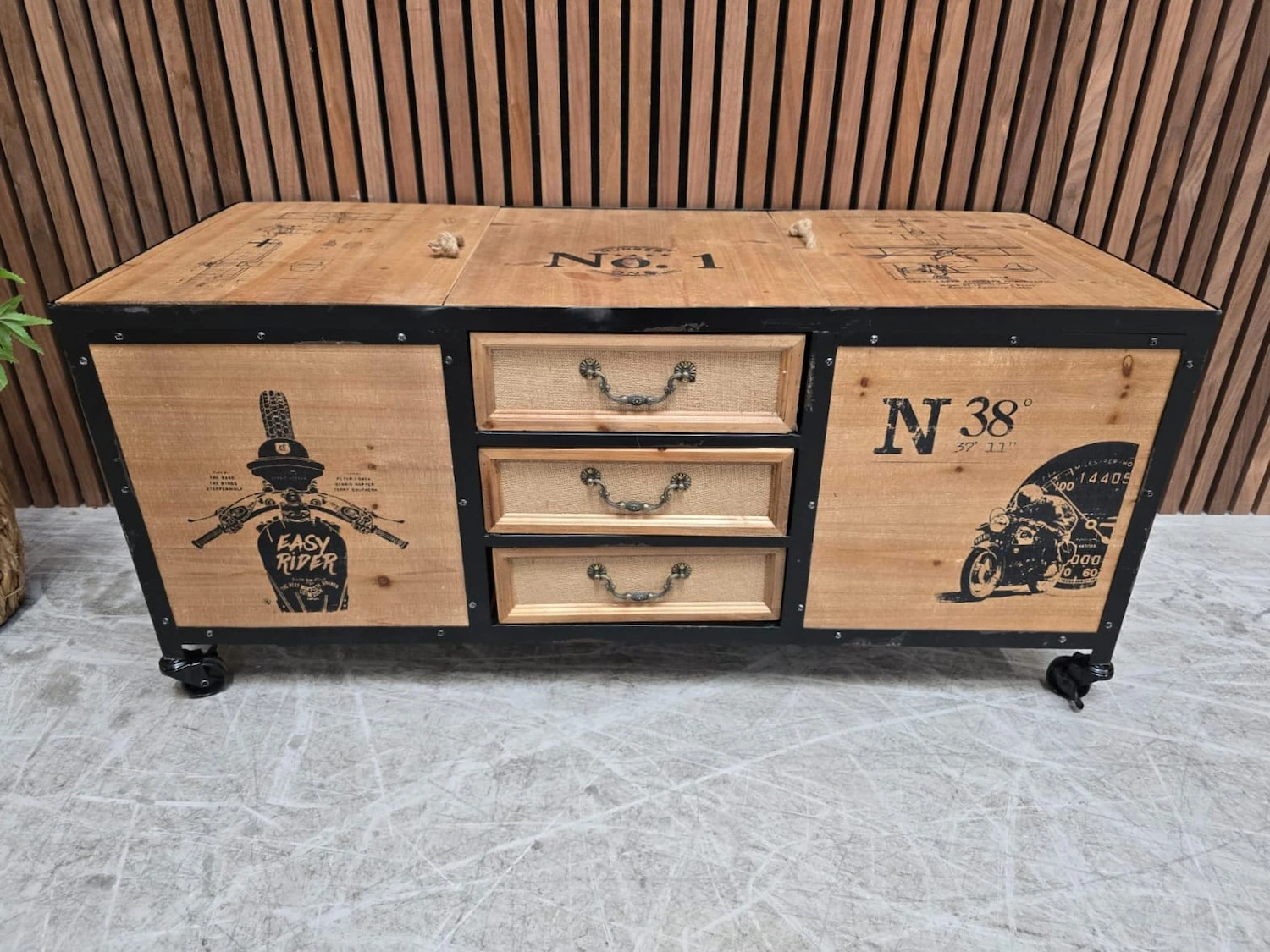 rustic fir wood storage coffee table with motorbike decal