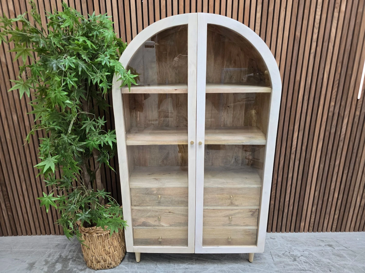 atomic white wash mango wood 2 door glass cabinet