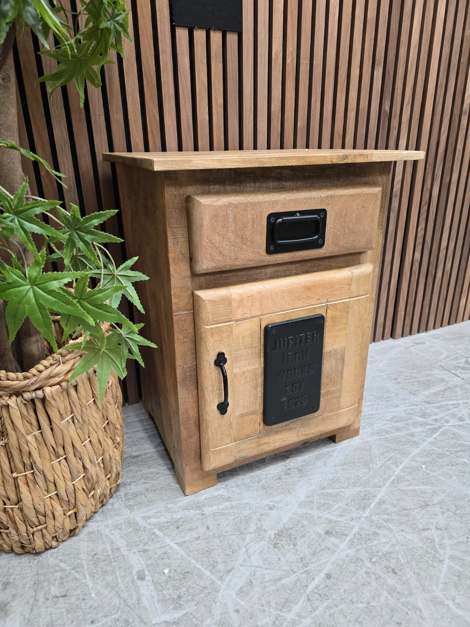 mango wooden and iron bedside cabinet with one drawer and one door