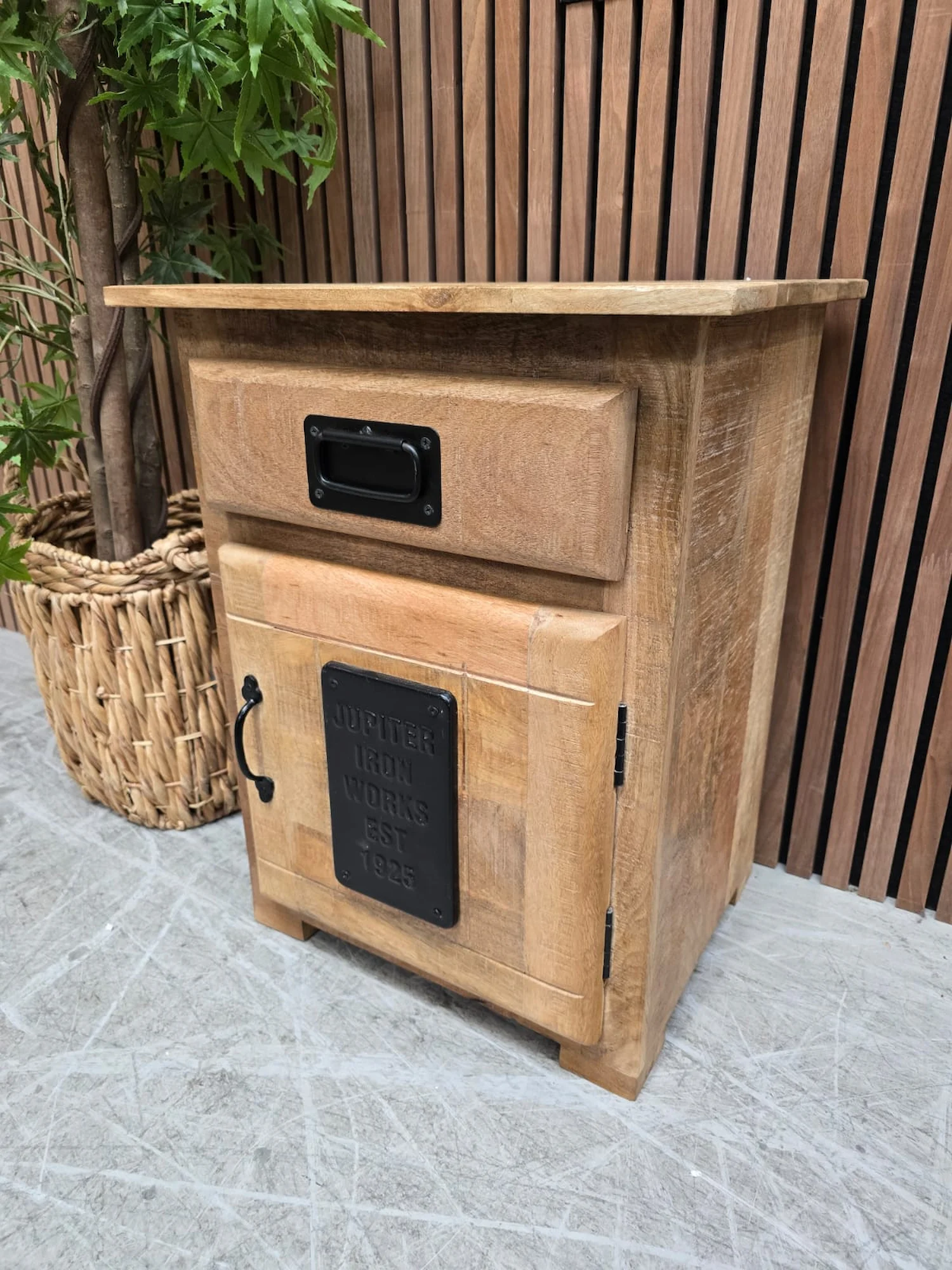 industrial mango side cabinet from the right side
