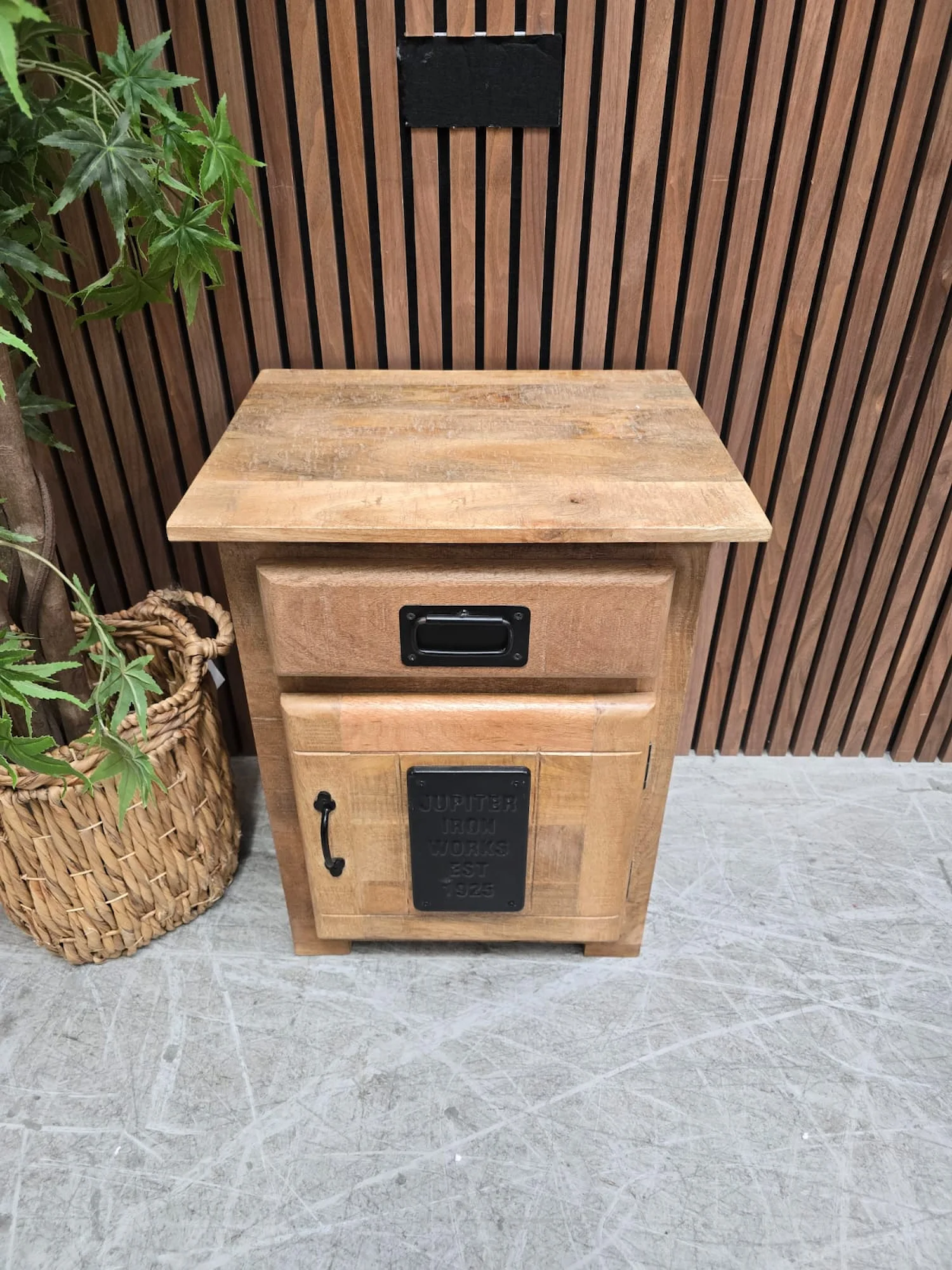 overview of mago wooden and ironwork side cabinet