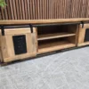 industrial mango wood and iron large tv stand from the left side