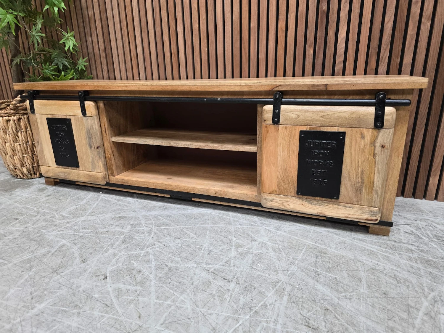industrial mango wooden and iron sideboard from the right side