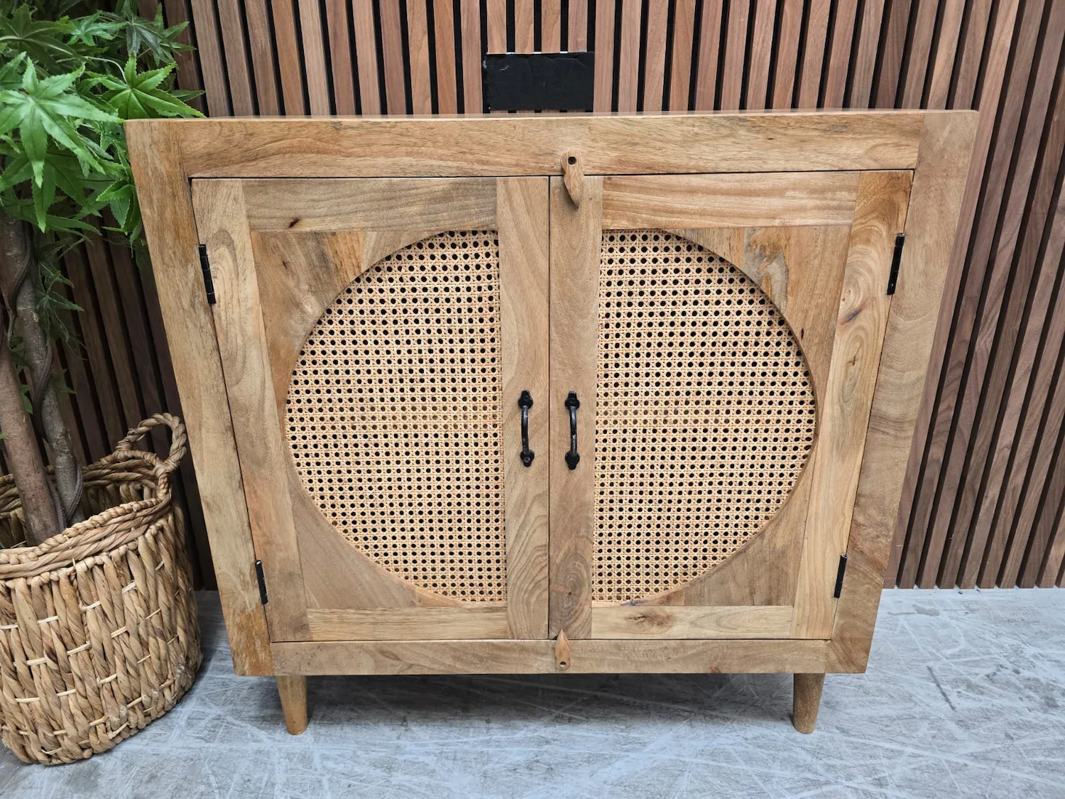 rustic boho style rattan and mango wood small 2 door sideboard