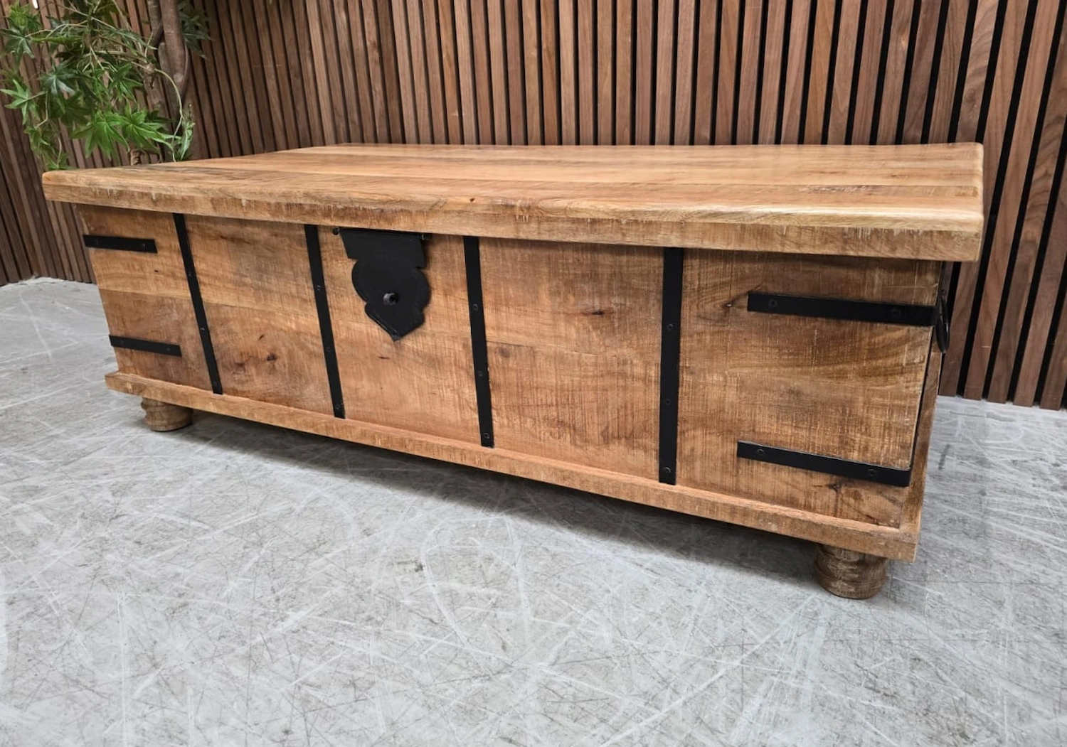 rustic wooden trunk coffee table from the right side
