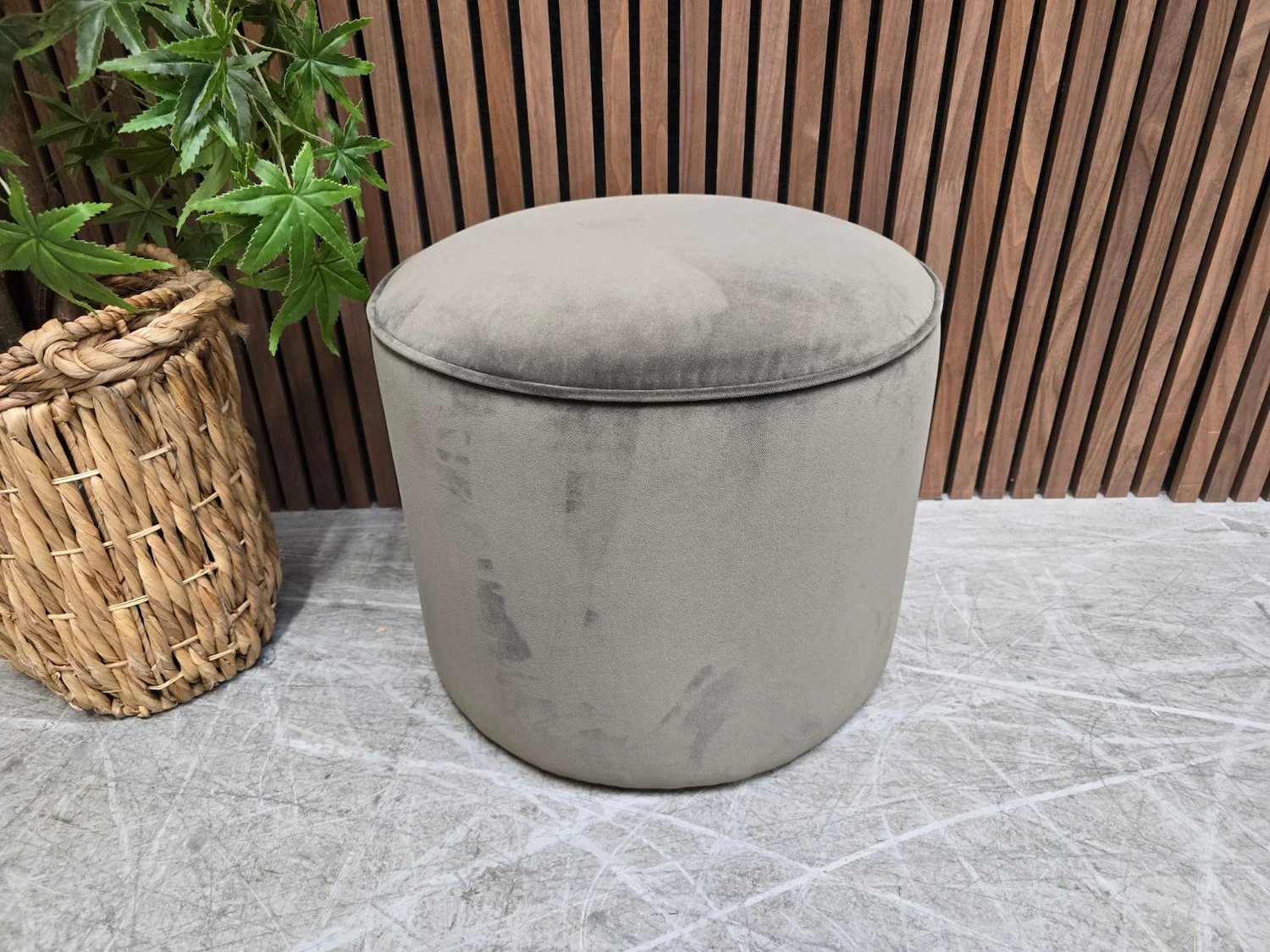 bossonova round footstool in taupe velvet