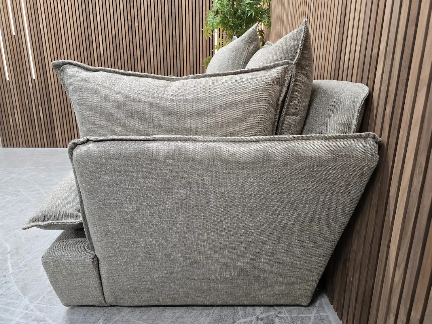 Side profile of Malibu 2.5 seater sofa & Footstool in greige