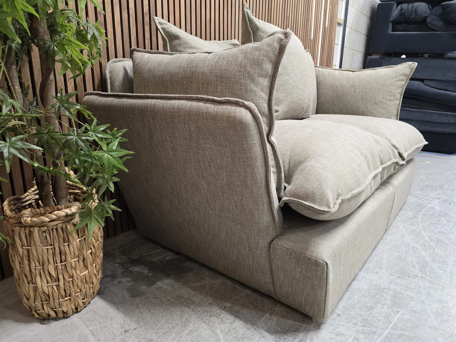 Side profile of arm Malibu 2.5 seater sofa & Footstool in greige