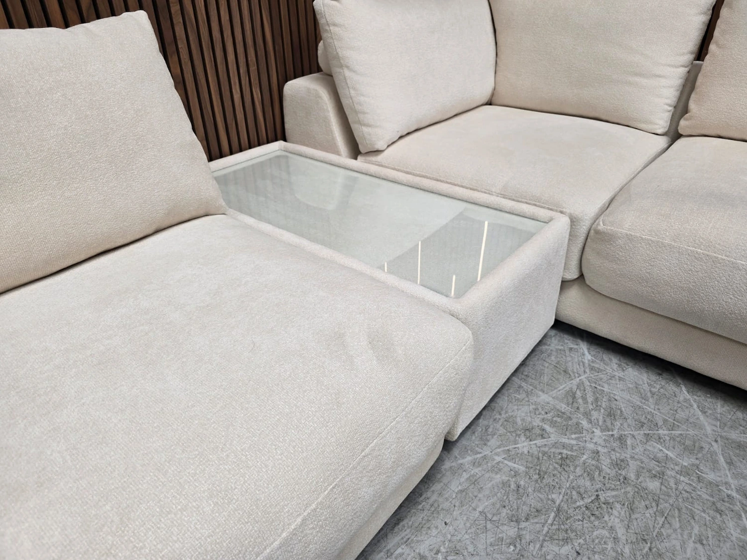 Large Corner Sofa & Glass Coffee Table In White Cosy Fabric
