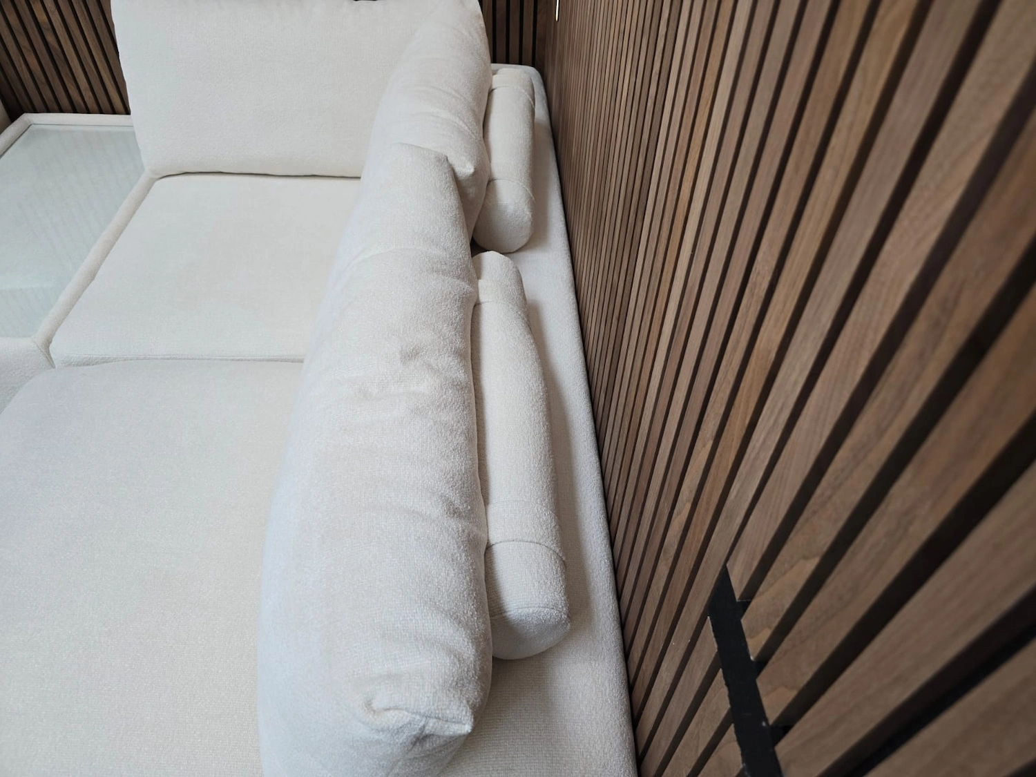 overhead photo of the back of the sofa Large Corner Sofa & Glass Coffee Table In White Cosy FabricLarge Corner Sofa & Glass Coffee Table In White Cosy Fabric