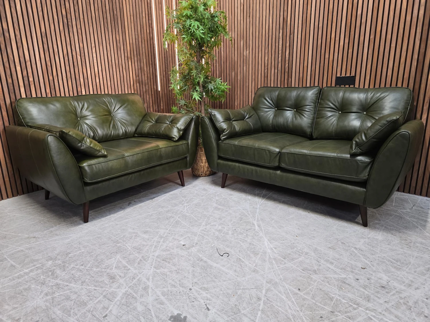 French connection zinc 2 seater sofa and loveseat in green leather