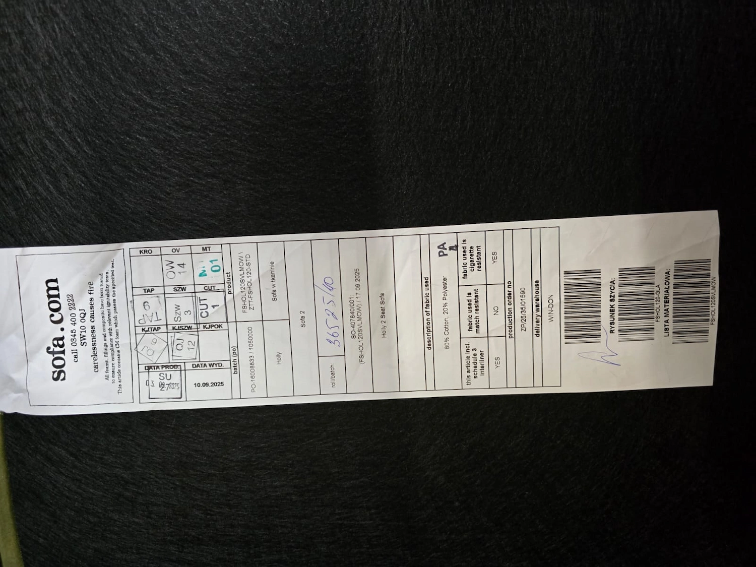 photo of the tag on the holly 2 seater in meadow