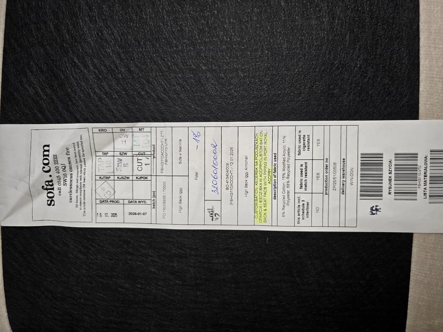 picture of tag on the iggy high back armchair