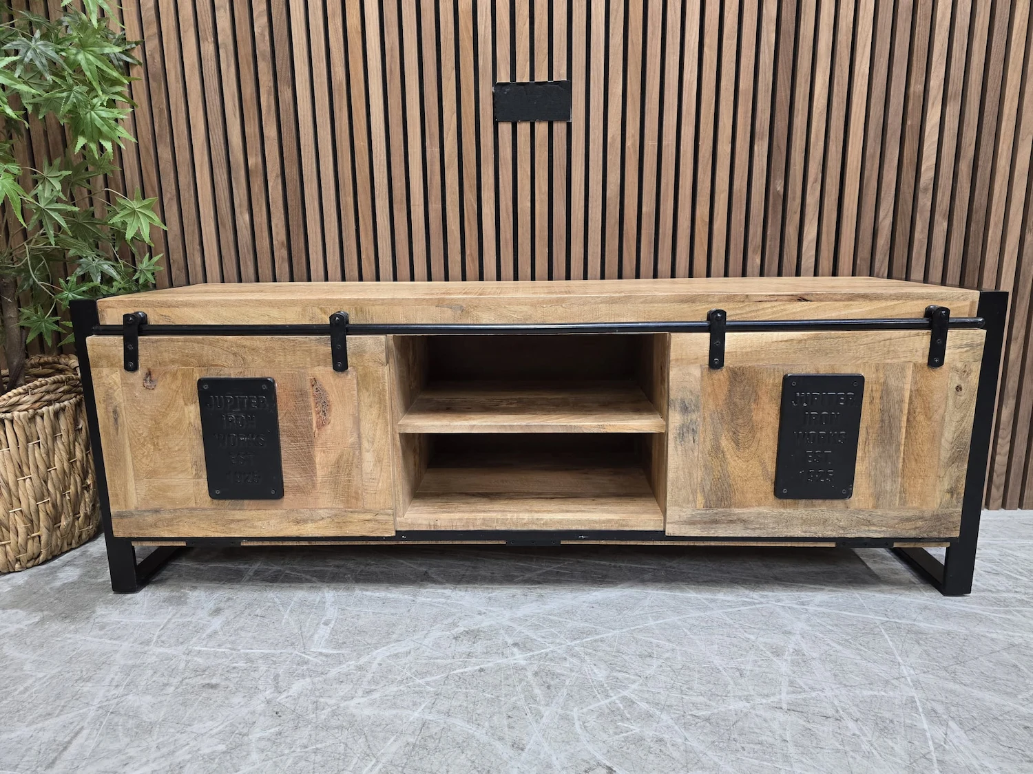 industrial mango wood & iron 2 door tv stand