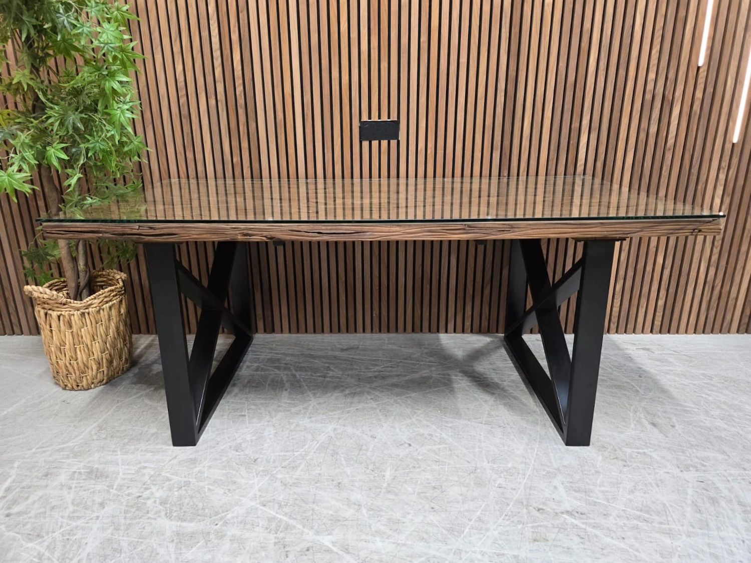 furniture village noir 180cm railway sleeper dining table with black x shaped legs