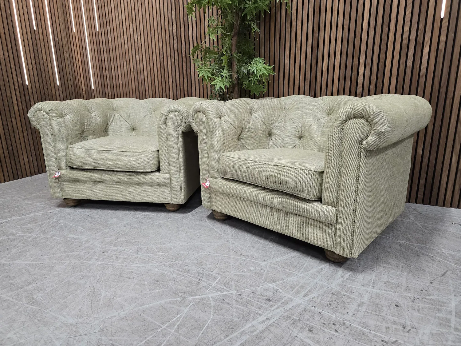 right side photo of thee patrick armchairs in palm silky jaquard weave