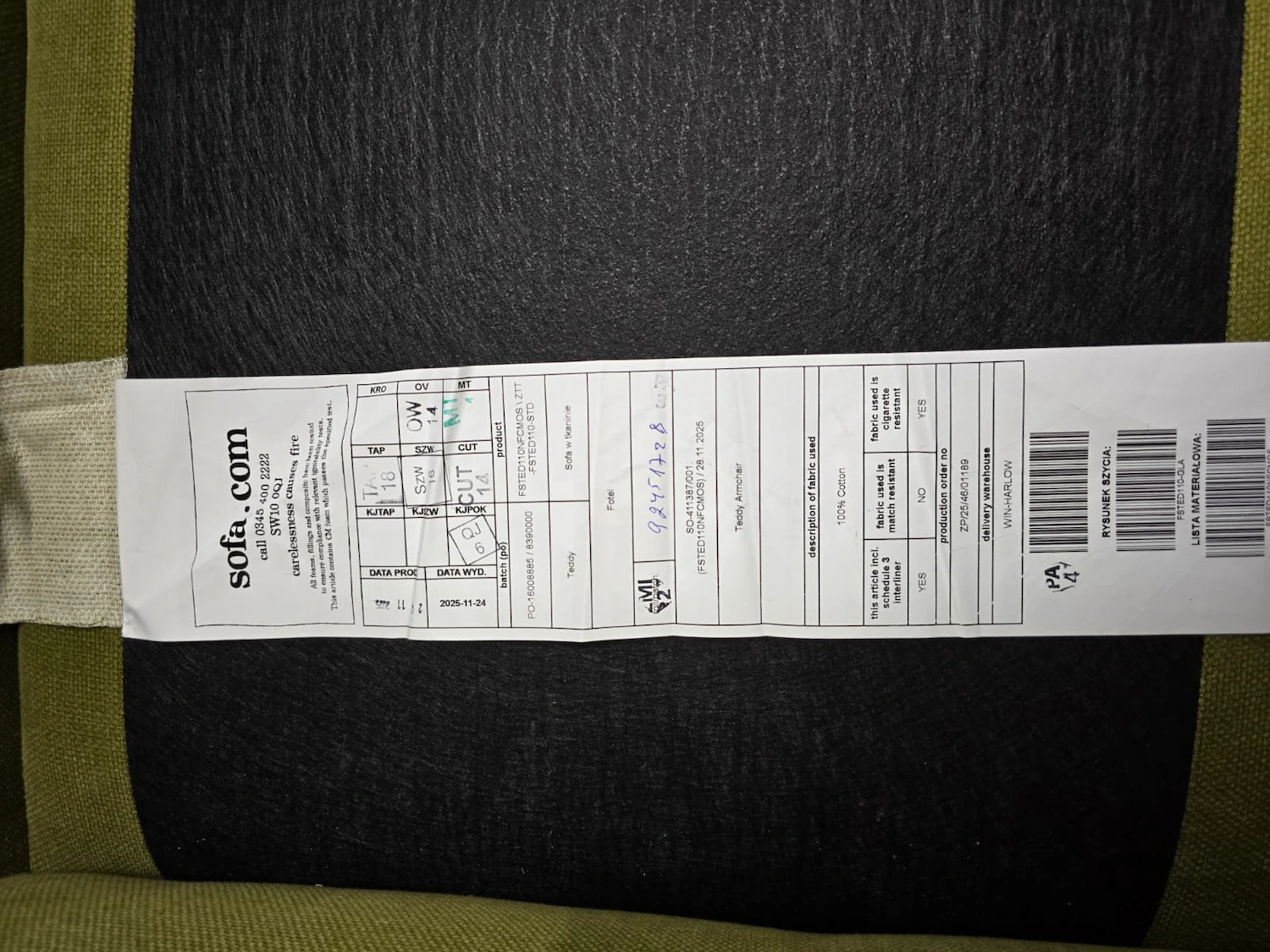 photo of the tag on the teddy armchair in mossymere