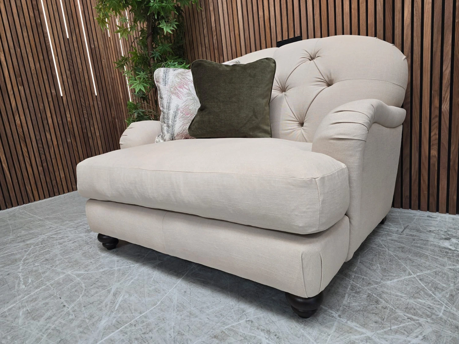 dumpling buttoned back loveseat in natural fabric