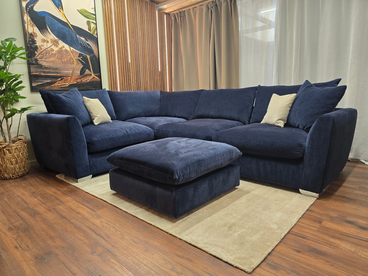 barker and stonehouse floyd left hand facing corner sofa in indigo blue with footstool