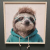a sloth in a hoodie and glasses