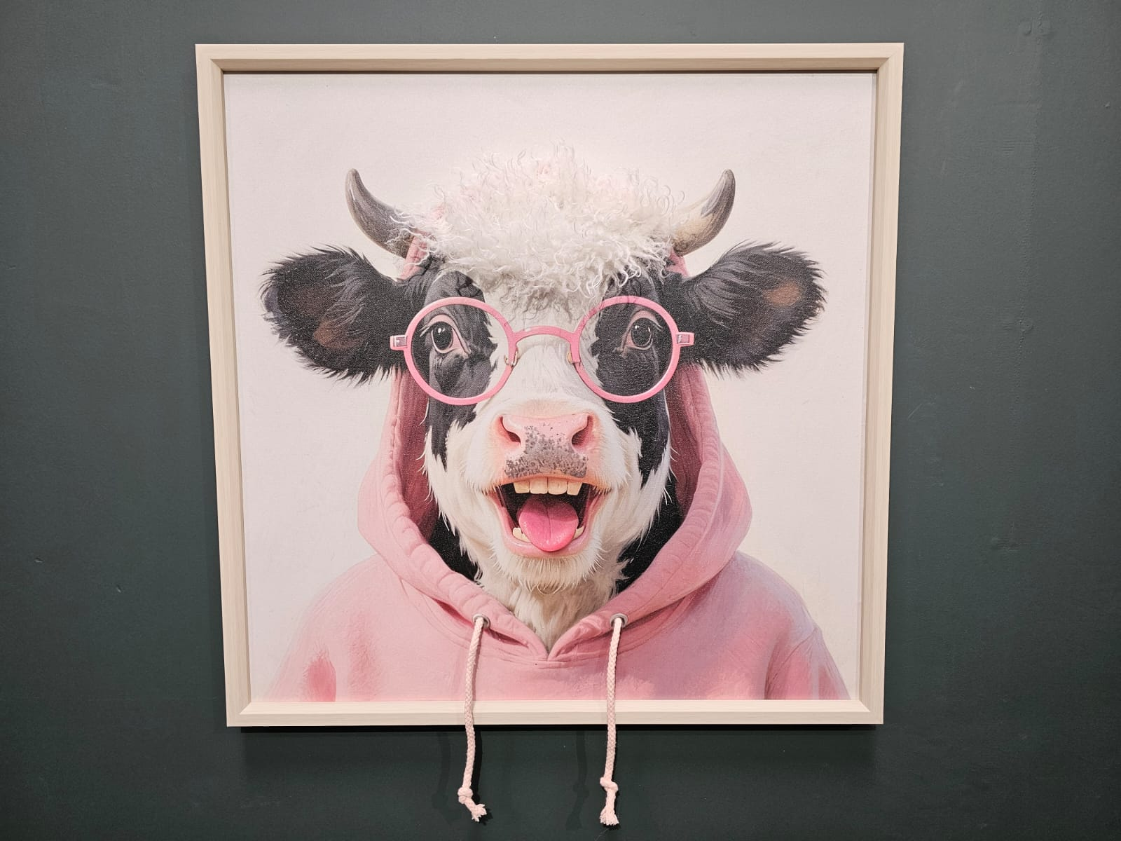 a picture of a cow in a hoodie and glasses laughing