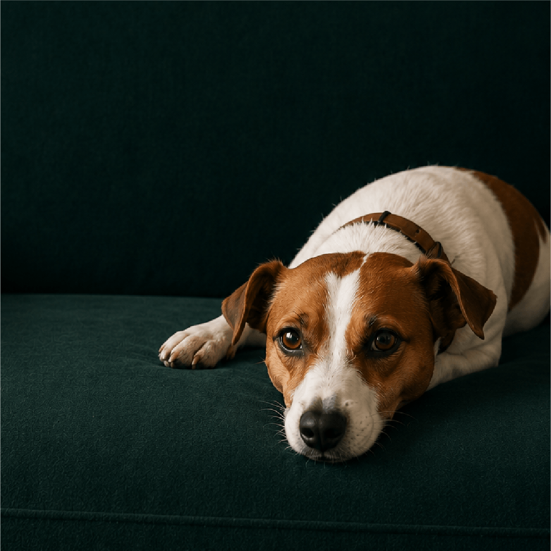 dog on modern dark green sofa
