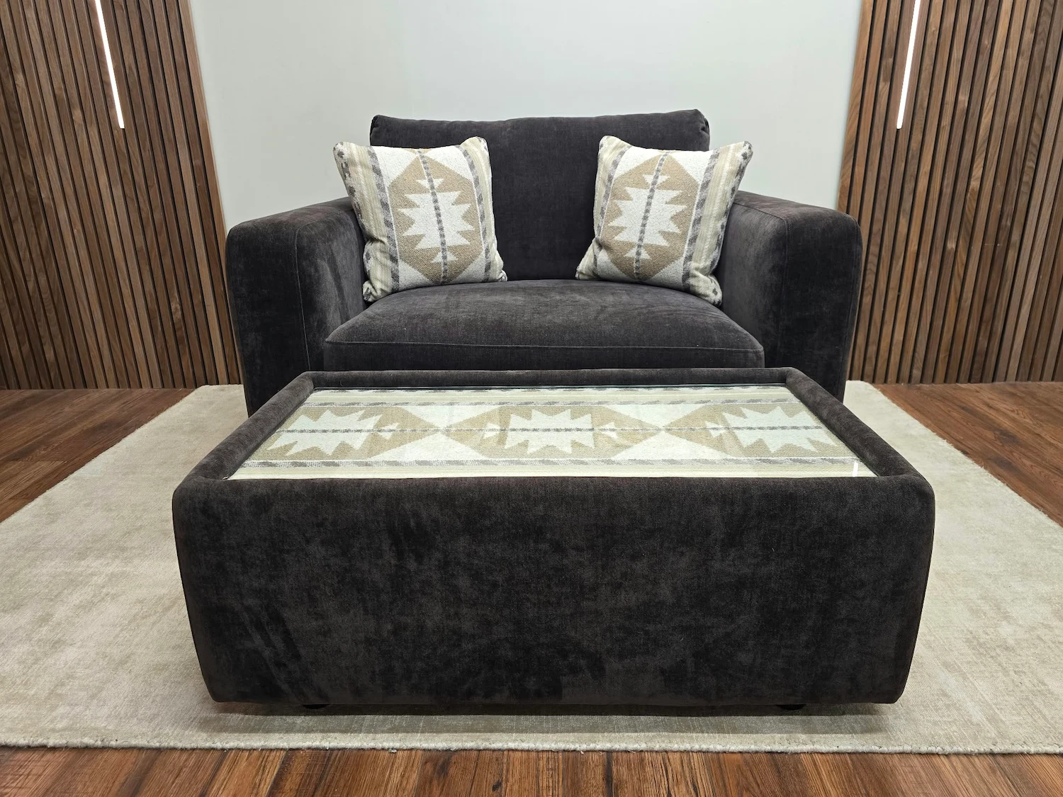 Barker and stonehouse bosham loveseat and patterned top glass coffee table in brown fabric