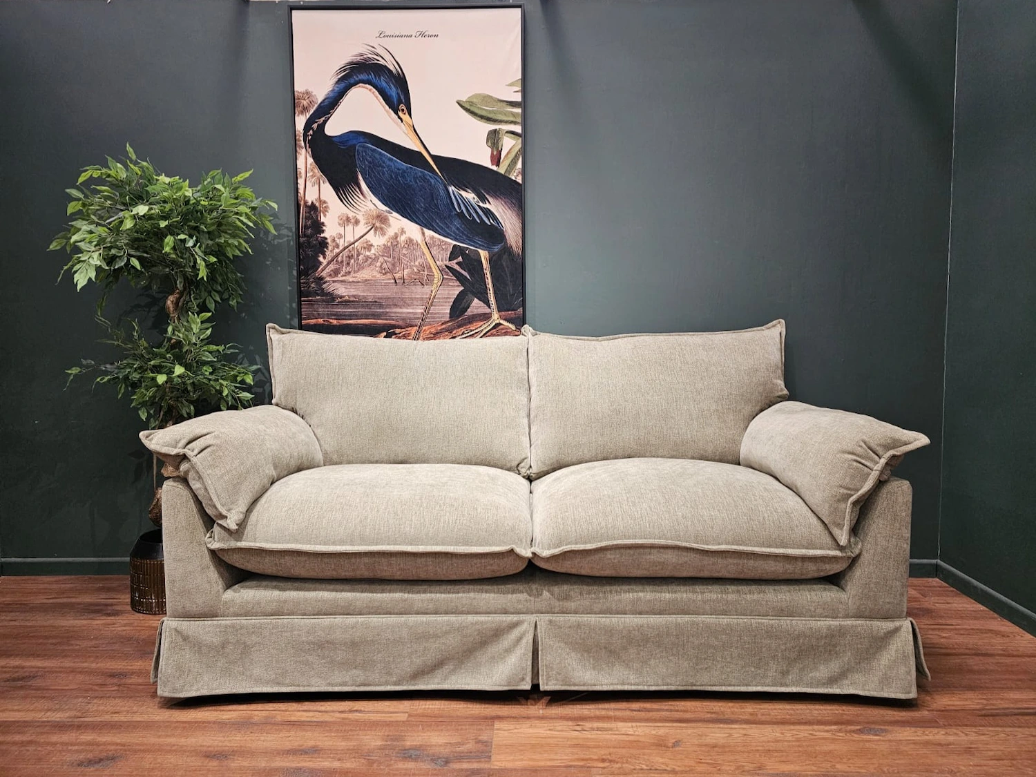 Traditional Modern skirted 3 seater sofa in sage fabric
